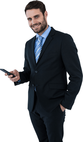 Confidence businessman with smartphone on transparent background