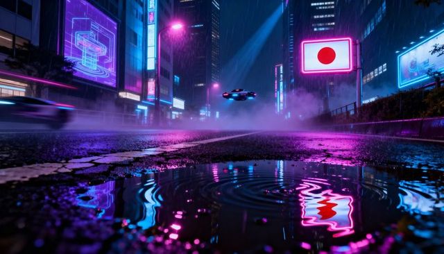 Hovering drone over rain-soaked cyberpunk street reflecting neon billboards