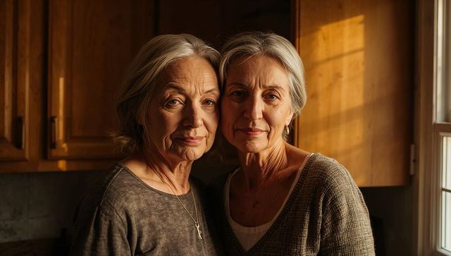 Two senior women sharing quiet moment in sunlit kitchen, warm companionship