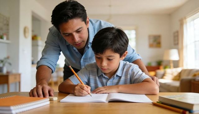 Father guiding son writing homework at table, parent teaching child, home learning moment