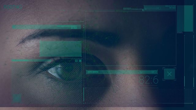 Woman's eye closely examined with various digital data overlays implying tech advancements and data analysis. This can be used for technology concepts, digital interfaces, AI and machine learning articles, security and scanning features, and futuristic innovation themes.