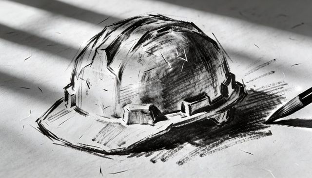 Charcoal sketch of construction hard hat on textured paper with pencil and shadows