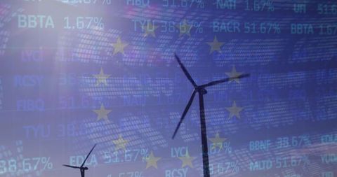 Wind Turbines with European Flag and Financial Data Overlay