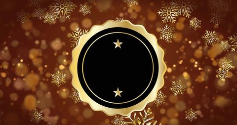 Elegant christmas gold and black badge with falling snowflakes