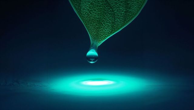 Illuminated Leaf Droplet Above Glowing Teal Pool