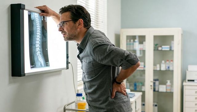 Middle-aged man examining spinal x-ray while holding lower back during medical consultation