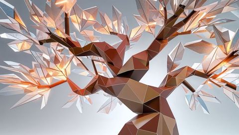 Polygonal dreaming tree sculpture with glowing leaves