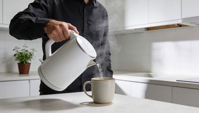 Pouring hot water from white electric kettle into ceramic mug in minimalist kitchen