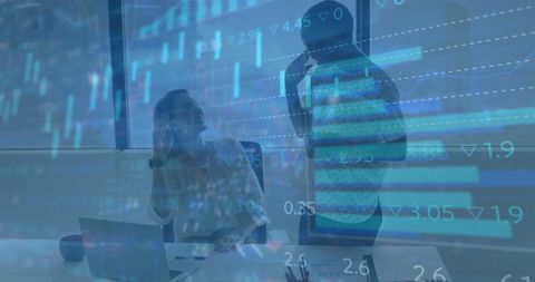 Business People Discussing Financial Trends with Data Overlay