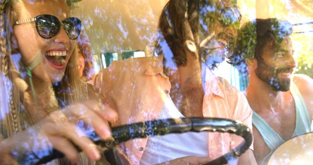 Friends Enjoying Road Trip, Laughing and Driving in Sunlit Car - Download Free Stock Images Pikwizard.com