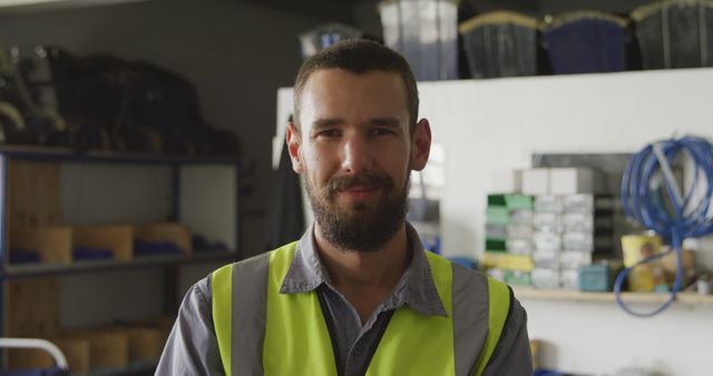 Young Caucasian man in a high-visibility vest stands in a warehouse. His confident smile suggests pride in his industrial or construction profession.