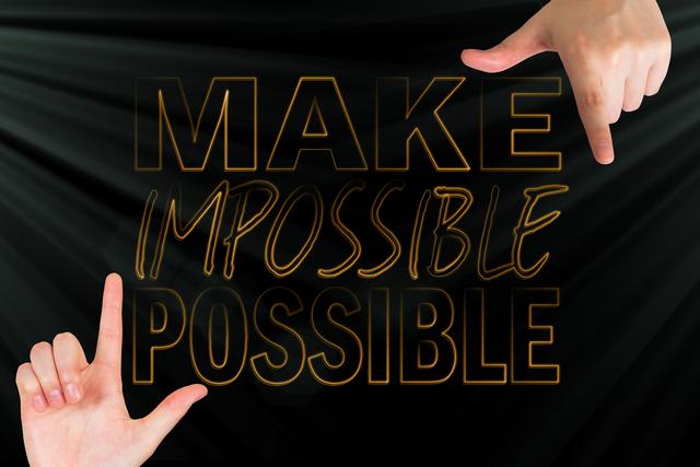 Young hands positioned to frame an uplifting message 'MAKE IMPOSSIBLE POSSIBLE' against a sleek black background with simple, bold typography. Ideal for promotional materials, social media campaigns, inspirational posters, and business presentations to encourage determination and positivity.