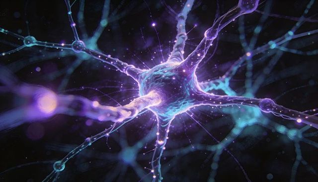 Bioluminescent neuron network with glowing soma, radiating dendrites and synaptic activity