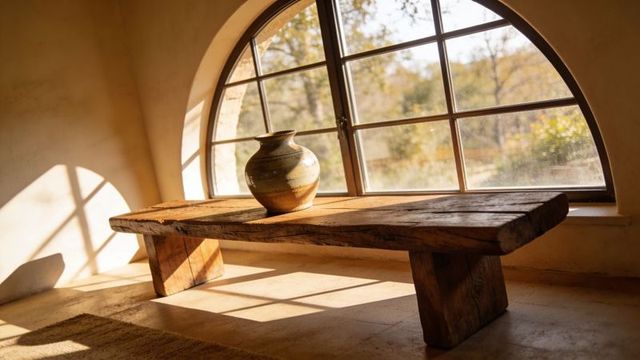 Sunlit reclaimed wood bench with glazed ceramic vase by arched window in rustic interior