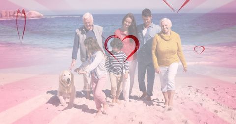 Caucasian Family Enjoying Beach Walk with Hearts Overlay