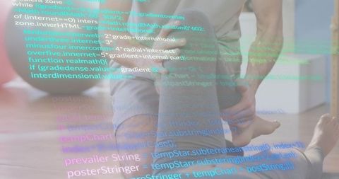 Parent holding toddler on hardwood floor with colorful code overlay symbolizing tech-family balance