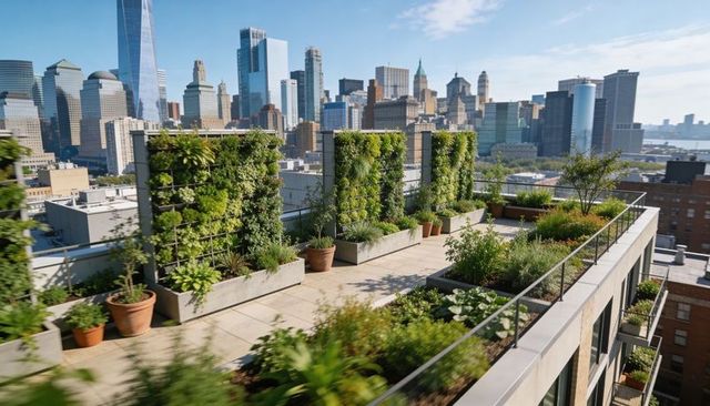 Rooftop terrace garden showcasing vertical green walls and manhattan skyline views