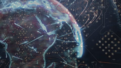 Digital Circuit Overlay on Globe Representing Global Connectivity