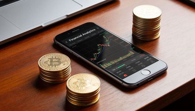 Smartphone tracking bitcoin market with candlestick chart and gold coin stack on wood desk