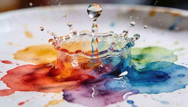Vibrant watercolor splash crown with droplet column macro capture for creative projects