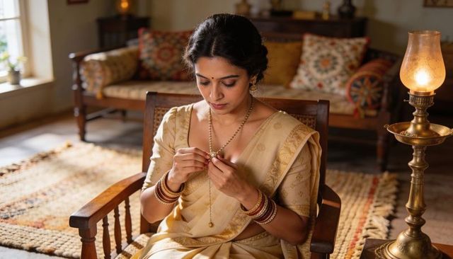Indian woman fastening gold necklace while wearing traditional saree in warm living room