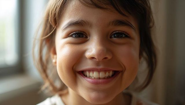 Smiling girl closeup showing teeth, natural window light, warm indoor portrait