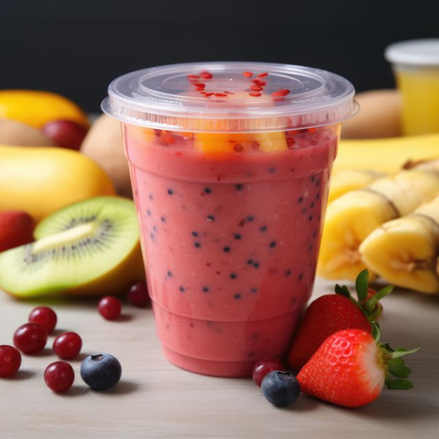 Fruit smoothie and fresh fruit on black background, created using generative ai technology. Fruit smoothie, food and drink, healthy eating concept digitally generated image.