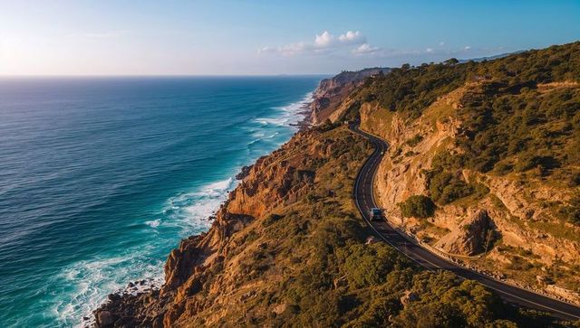 Winding coastal highway along rugged cliffs at sunrise over turquoise ocean