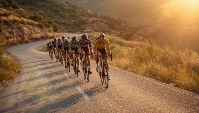 Cycling Team Riding Mountain Pass at Sunset