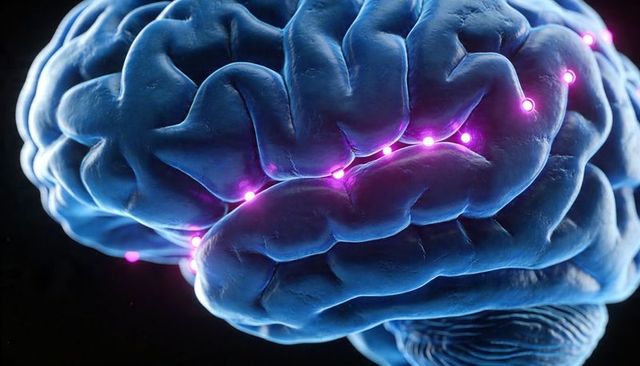 3D glowing neural pathway across blue brain cortex highlighting synaptic connectivity and activity