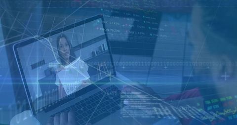 Remote presenter displaying financial analytics on laptop with digital data overlays
