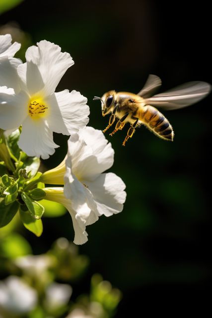 Photo of a bee approaching white flowers in a sunny garden. The bee is hovering mid-air and ready to pollinate. Ideal for themes about nature, gardening, pollinators, and environmental conservation.