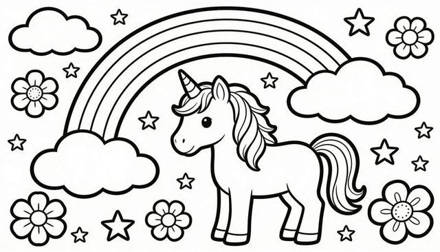 Standing cartoon unicorn with spiraled horn, flowing mane, rainbow and flowers outline