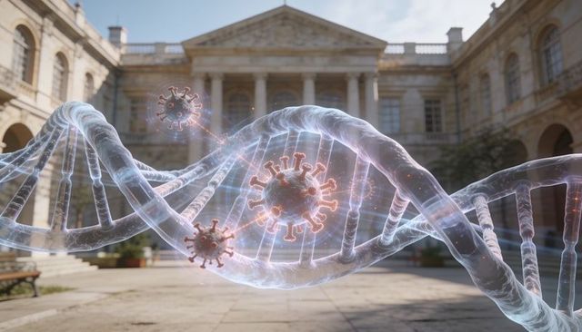 Translucent dna helix with glowing virus particles over sunlit neoclassical courtyard plaza