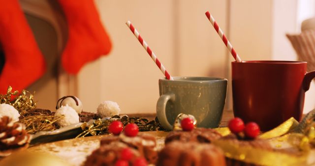 Cozy Christmas Scene with Festive Hot Chocolate and Decorations - Download Free Stock Images Pikwizard.com