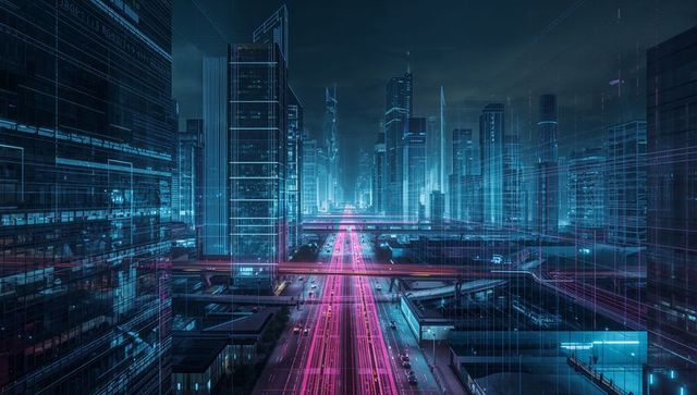 Magenta Boulevard Receding into Vanishing Point through Cyan Wireframe Skyscrapers