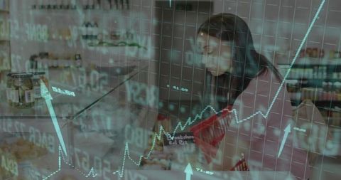 Woman shopping at deli counter with financial data overlay signaling retail market growth