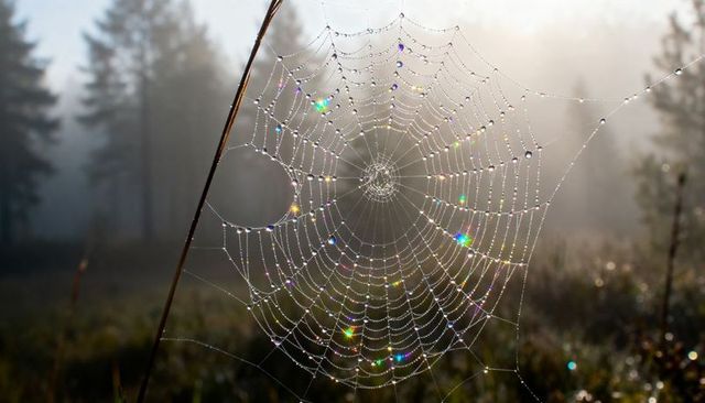 Glistening spider web refracting dew into rainbow jewels in misty meadow at dawn