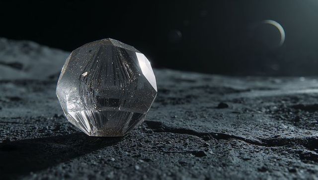Glinting faceted crystal resting on lunar regolith under crescent planet with deep shadow