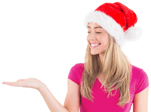 Happy Caucasian Woman in Santa Hat on Transparent Background Celebrating Christmas