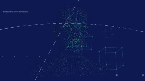 Digital Human Facade with Data Streams in Blue