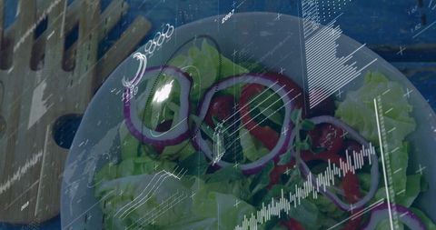 Augmented reality nutrition scanning overlaying fresh salad with interactive data charts