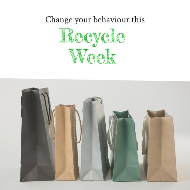 Digital composite image of various paper bags with recycle week text, copy space. Celebration, promote benefits of recycling, raise awareness, environment conservation, responsibility.