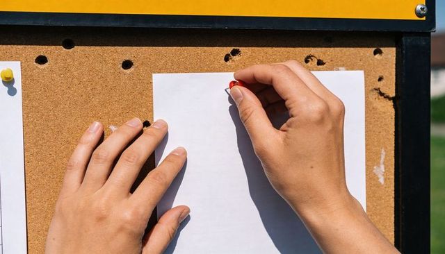 Close-up hands pinning blank white paper to cork bulletin board with red pushpin outdoors