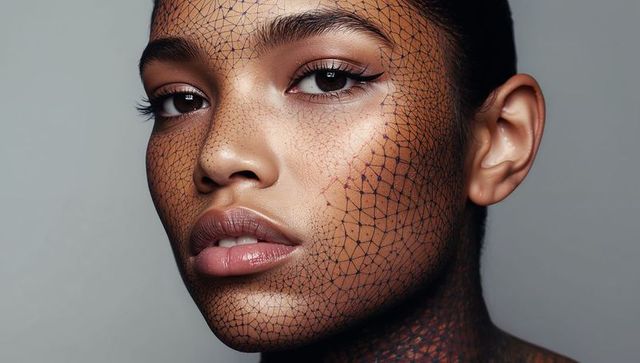 Closeup female beauty wearing mesh netting and winged eyeliner with geometric facial art
