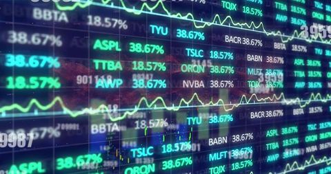 Digital Stock Market Monitor Showing Ticker Symbols and Analytics
