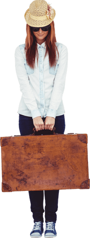 Stylish Hipster Woman Holding Vintage Suitcase on Transparent Background - Download Free Stock Videos Pikwizard.com