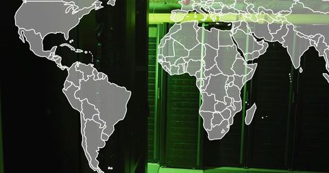 Green led lights illuminating data center with world map overlay
