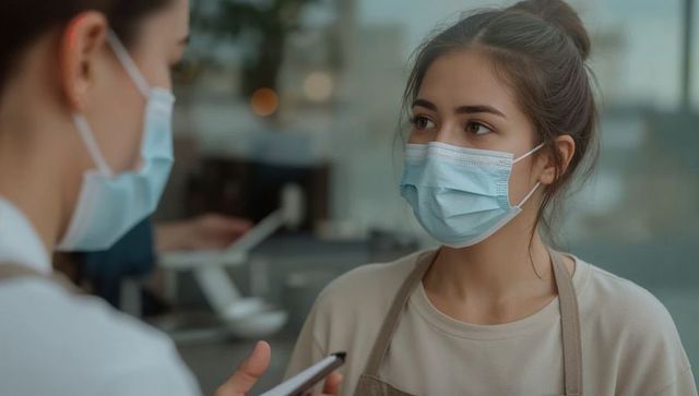 Masked barista taking smartphone order at cafe counter while listening to customer