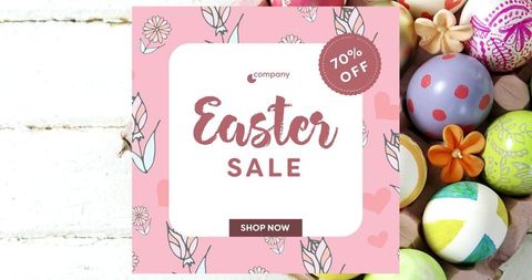 Easter sale banner showcasing pink floral card, 70% off badge and pastel painted eggs